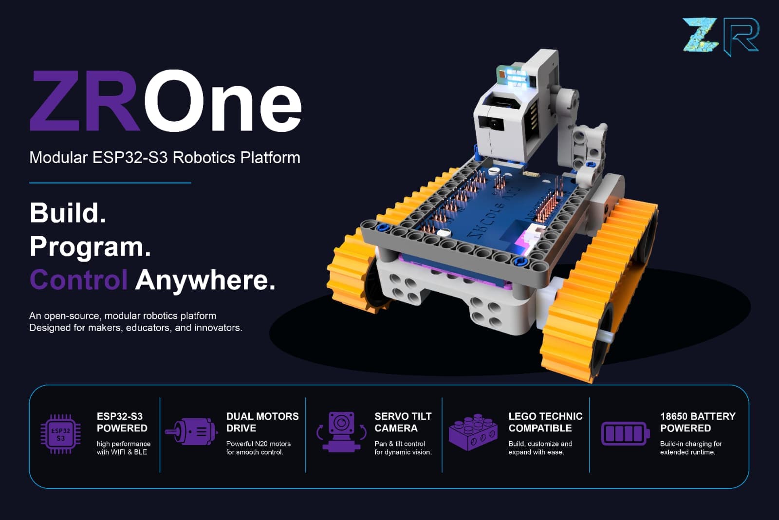 ZROne — modular ESP32-S3 robotics platform: build, program, and control from anywhere