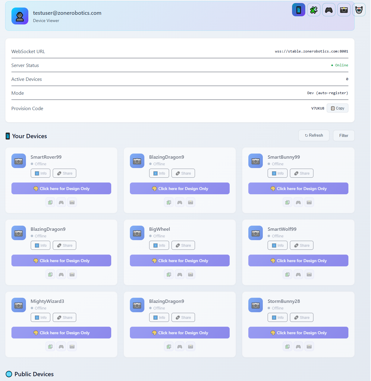 ZR Cloud device viewer showing multiple robots